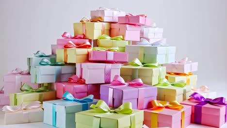 a stack of colorful gift boxes with ribbons