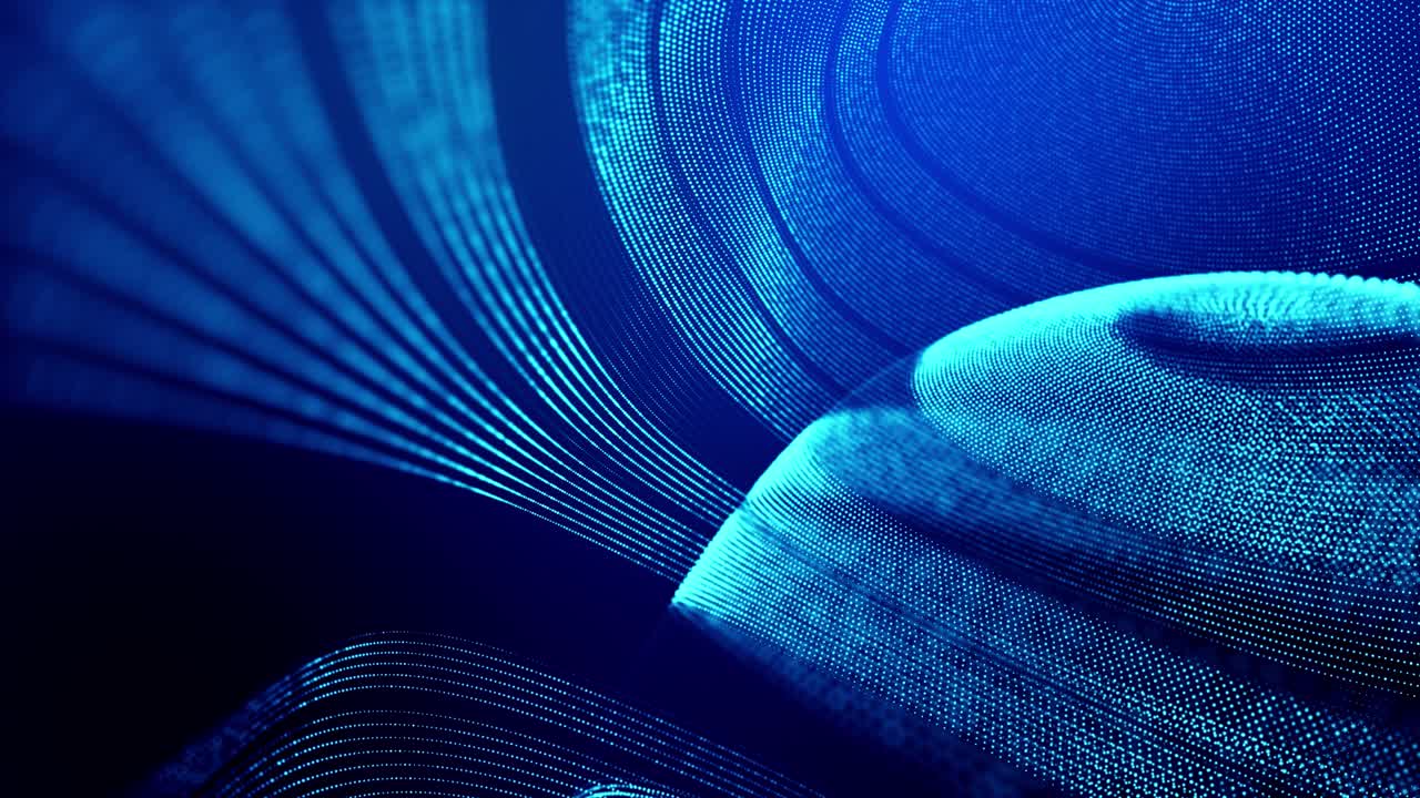 loop di sfondo astratto a 4k di particelle luminose che formano linee, superfici come paesaggio futuristico nel cyberspace o ologramma. tema fantascientifico di microworld, nanotecnologia o spazio cosmico. sfera blu 2