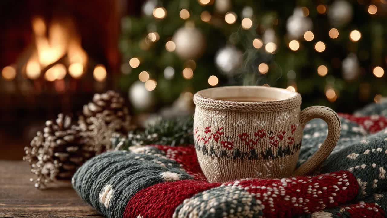 A Cozy Holiday Scene Featuring a Warm Mug on a Colorful Knitted Blanket with Pine Cones, Sparkling Christmas Lights, and a Crackling Fireplace in the Background