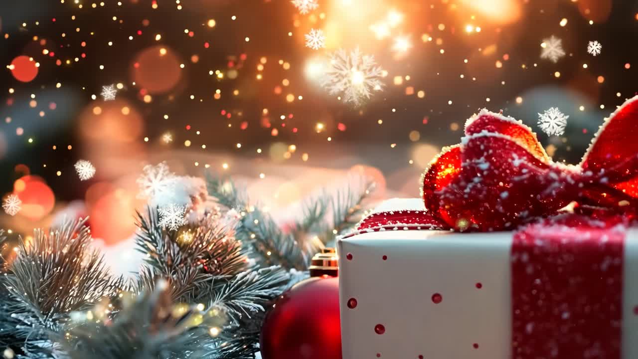 A white box with a red bow sits on a snowy ground next to a bunch of red and gold Christmas ornaments