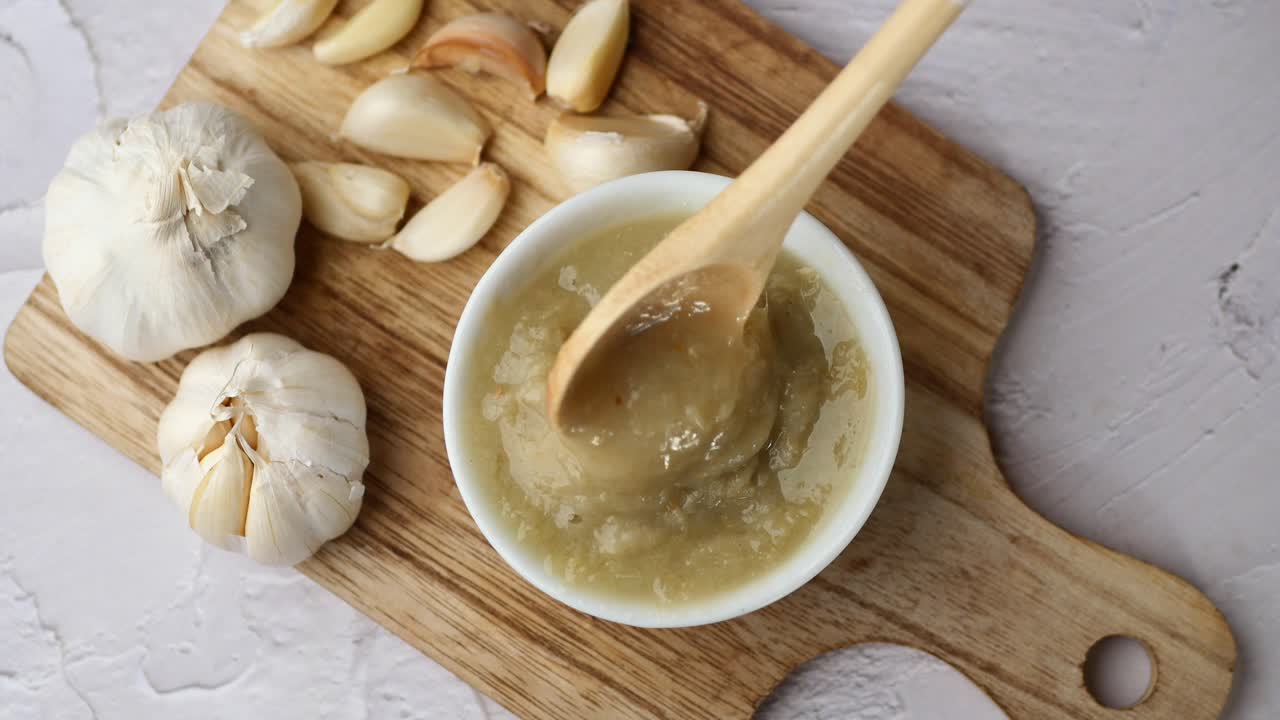 Top view of garlic paste on table ,