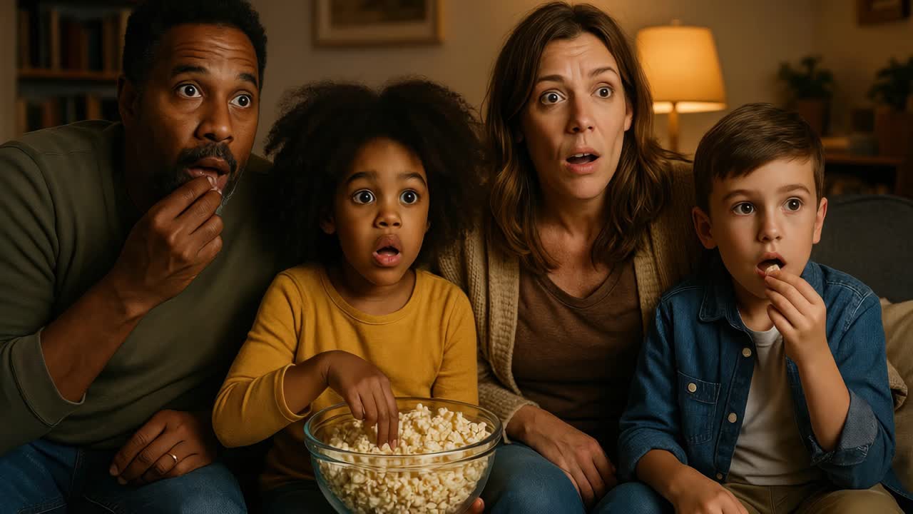 Una famiglia di quattro persone guarda un video con attenzione, seduta su un divano con i popcorn.