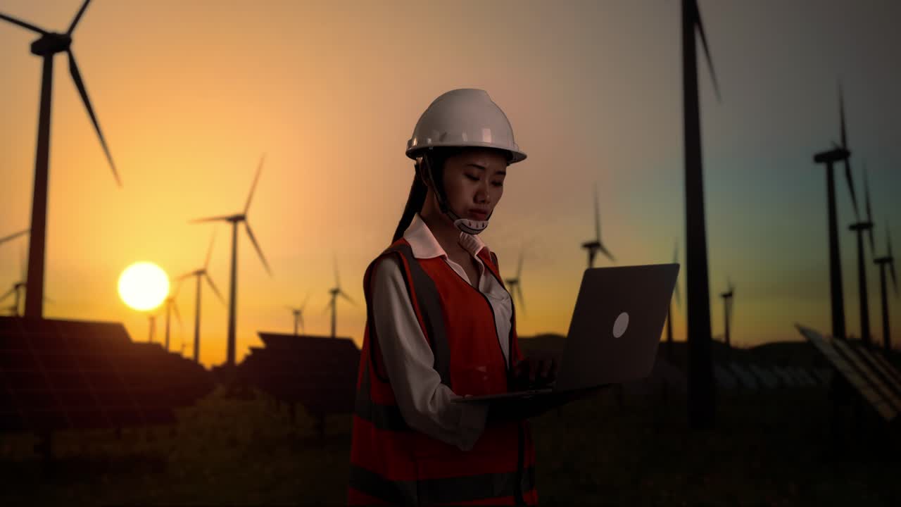 Side View Of Asian Female Engineer In A Helmet Standing In Front Of Wind Turbines Rotating At Sunset, Working On A Laptop And Looking Around