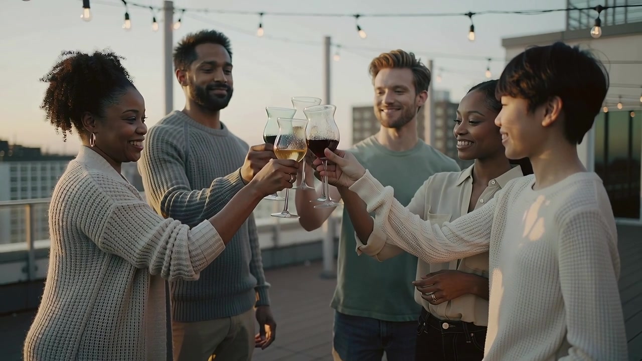 Starting toast, five friends clinking stemmed wine glasses on rooftop at sunset wearing cardigans