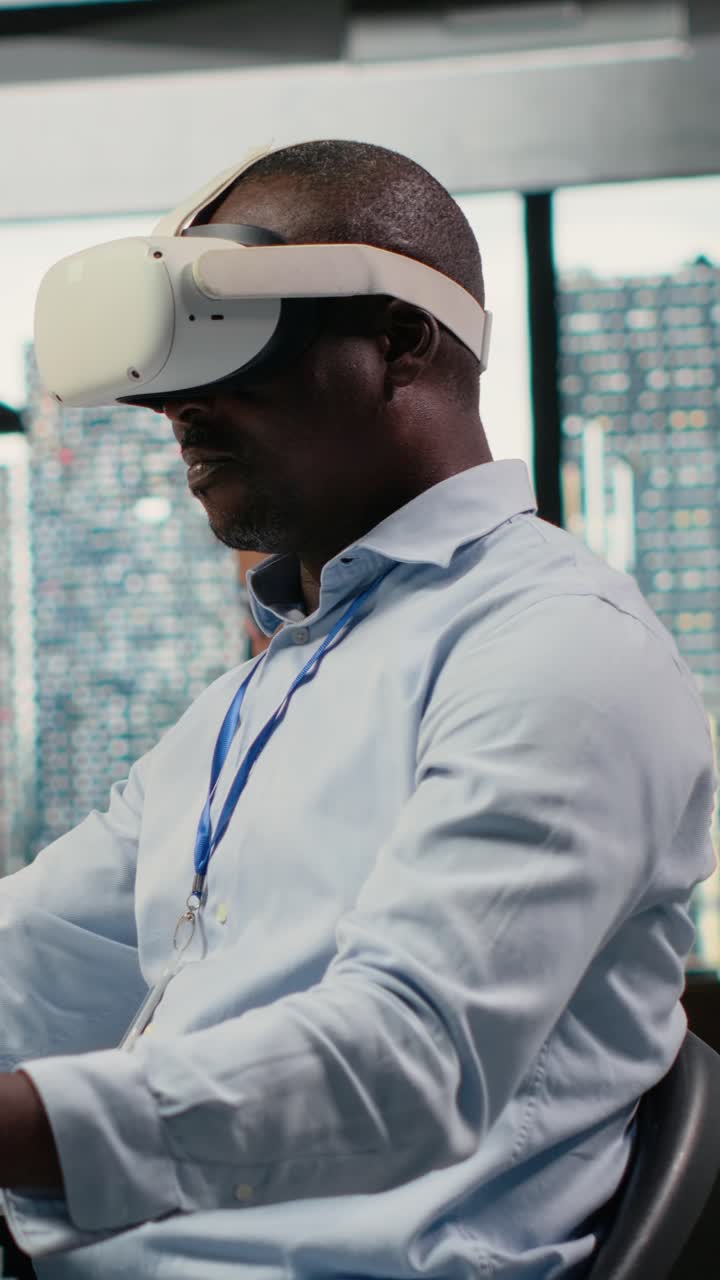 Vertical video Technician in office using VR headset equipment to accelerate AI calculations