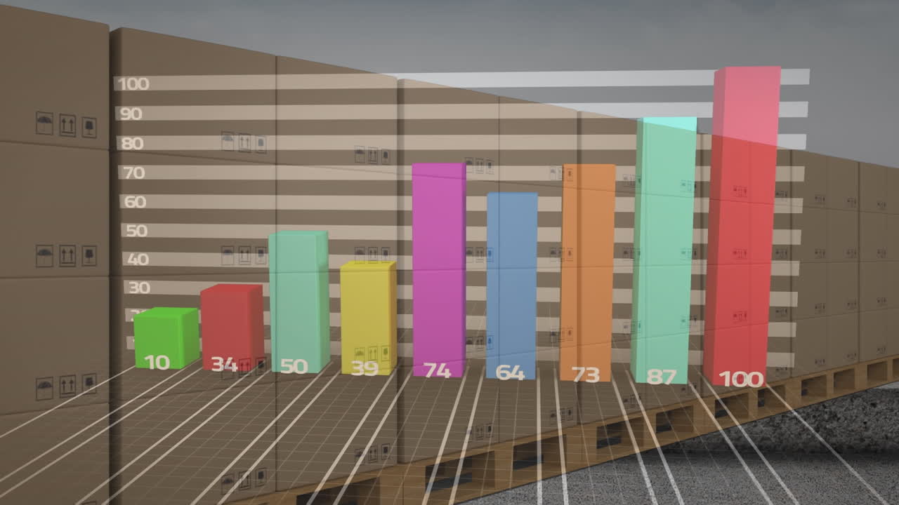 animación del procesamiento de estadísticas sobre cajas de cartón en cinta transportadora