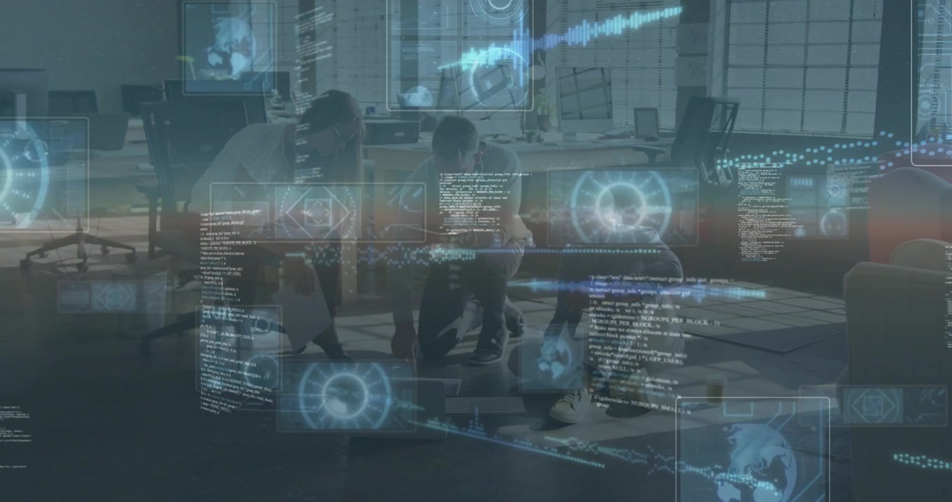 Diverse Team Collaborating on Project in Modern Office with Digital Data Overlays