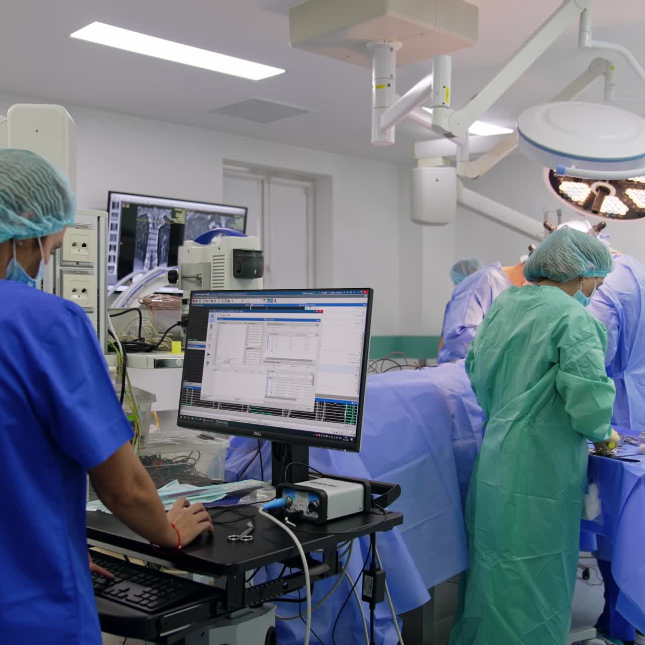 Dos médicos están delante de los equipos informáticos durante una cirugía. Un equipo de neurocirujanos opera al paciente.