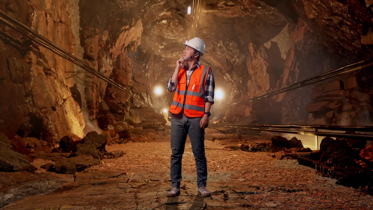 Full Body Of Asian Male Engineer With Safety Helmet Thinking About Something And Looking Around While Standing In Underground Mine Tunnel