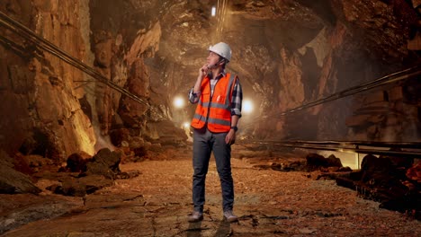 full body of asian male engineer with safety helmet thinking about something and looking around while standing in underground mine tunnel