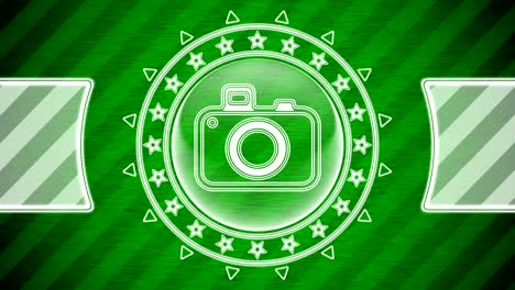 icono de la cámara en forma de círculo y fondo a rayas verdes. ilustración.