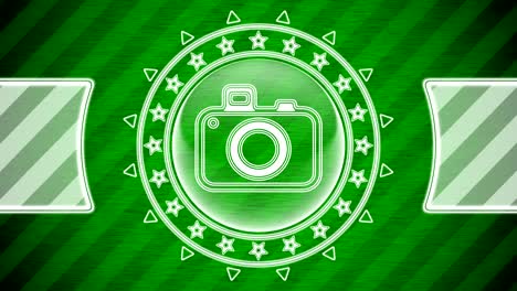 camera icon in circle shape and green striped background. illustration.