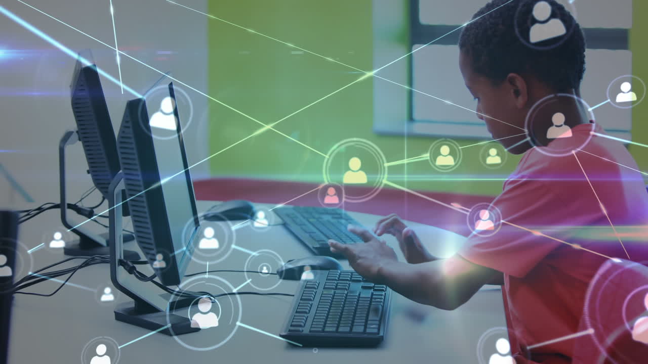 animación de niños en un aula sobre una red de puntos conectados en el fondo