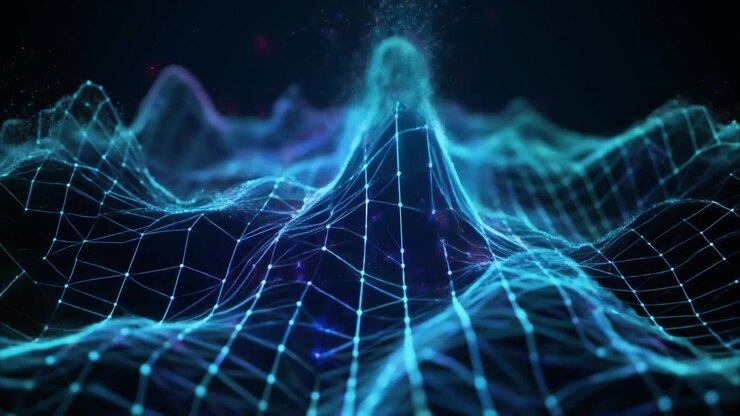 Paesaggio di dati digitali astratto con rete wireframe blu luminosa