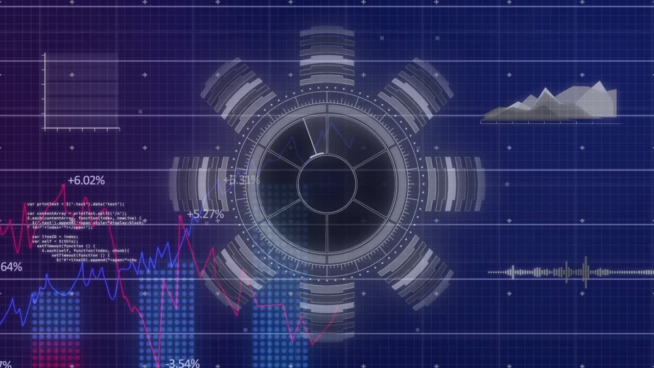 Starting with grid, radial interface emerging, animating charts and updating labels for scan cycle