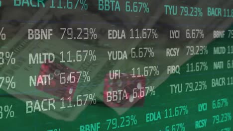 Animación-Del-Procesamiento-De-Datos-Financieros-Sobre-Dos-Dados-Y-Billetes-De-Dólares-Americanos-Sobre-Fondo-Verde