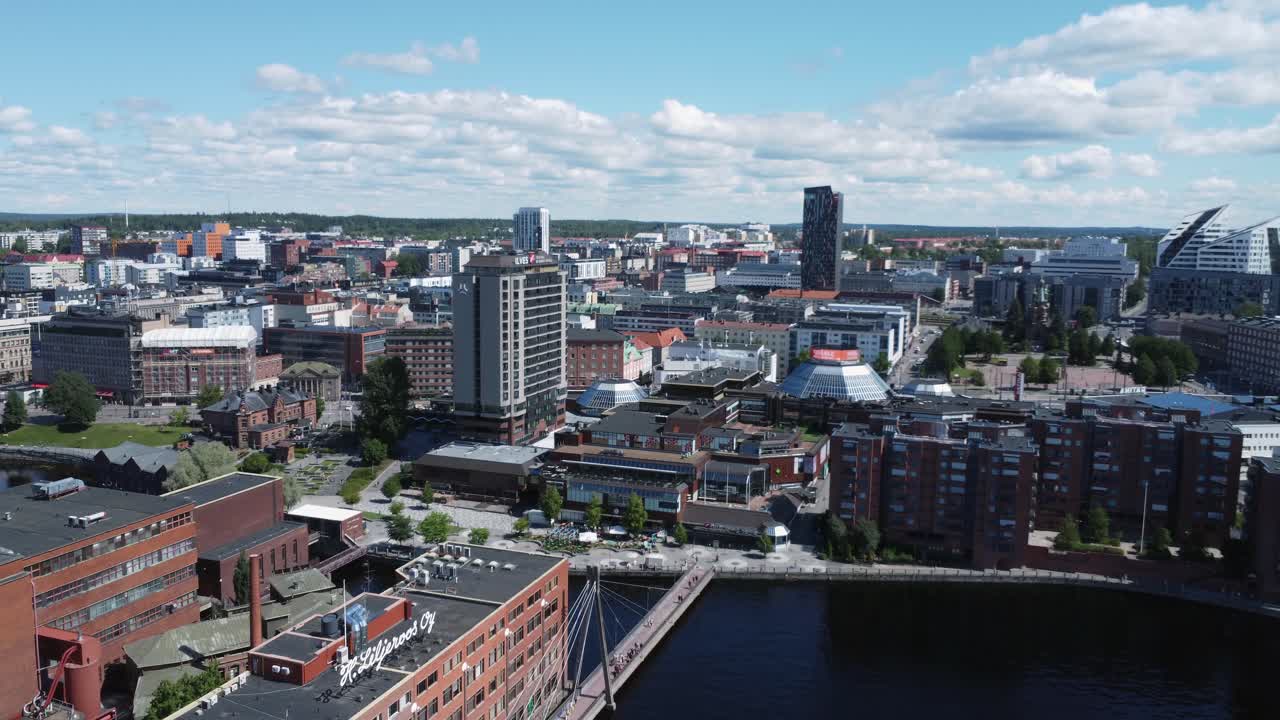 Waterfront skyline aerial view of Tampere canal in sunny Finland