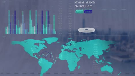animación de la interfaz con el procesamiento de datos frente a una vista aérea del paisaje urbano