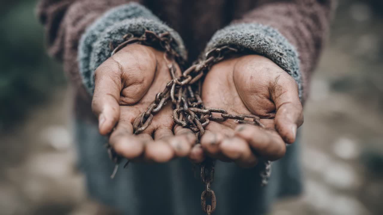 A poignant portrayal of resilience, showcasing hands bound by chains, symbolizing struggle and hope amid adversity, evoking deep emotions of liberation and human spirit