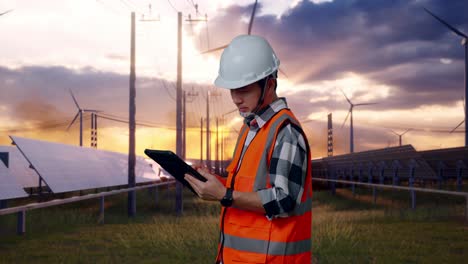 side view of asian male engineer with safety helmet working on a tablet while standing with solar panel and wind turbines