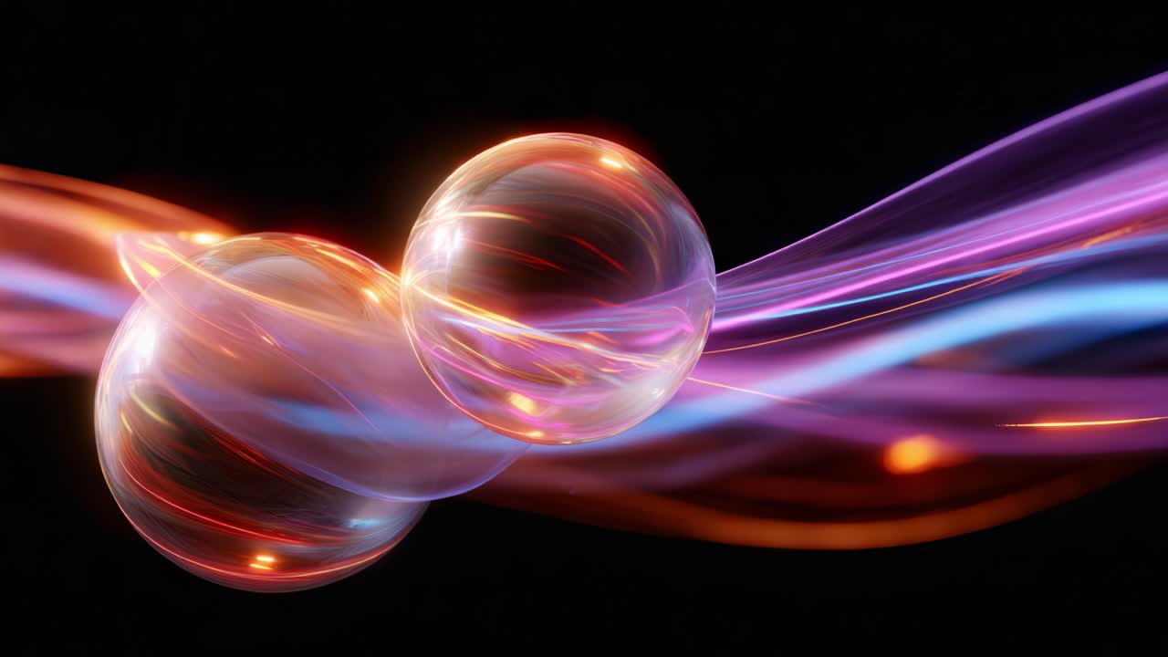 An ethereal dance of vibrant orbs surrounded by flowing, luminescent waves, showcasing the interplay of light and color in a mesmerizing abstract composition