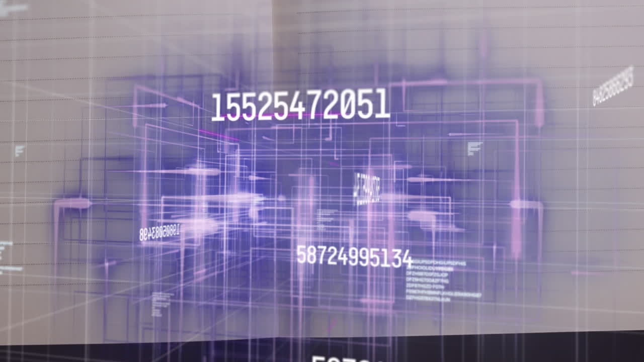 Digital numbers and data processing animation over abstract grid background