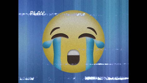 Animation-of-sad-emoji-icon-over-play-screen-with-disturbance