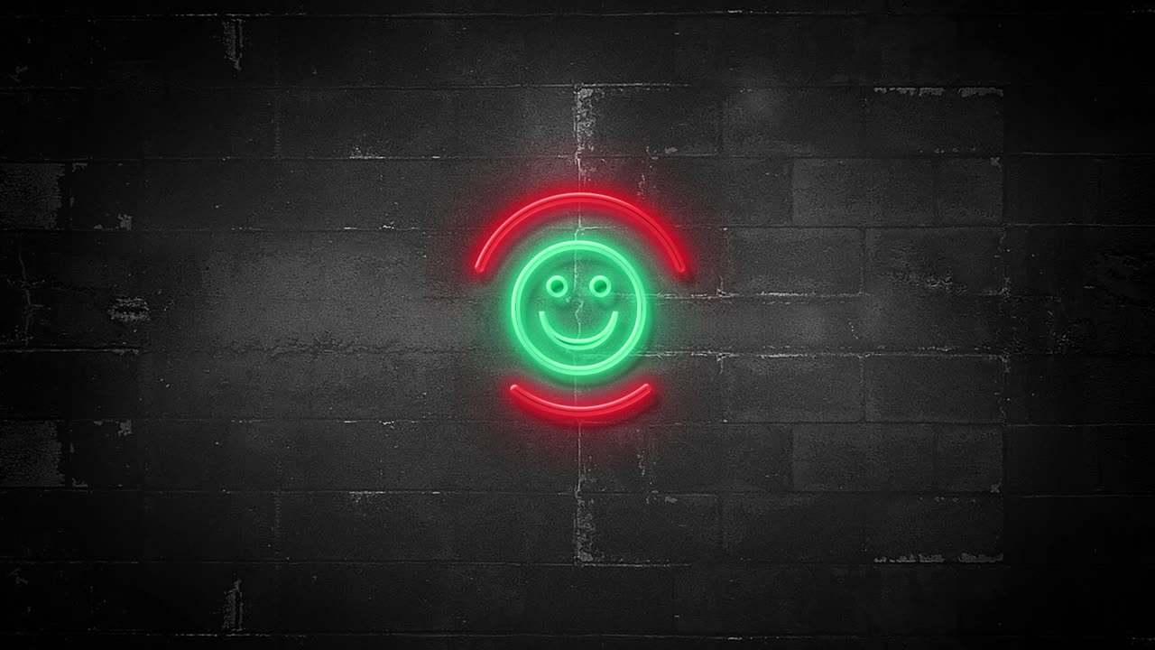 4k 해상도에서 박이는 네온 표지판에 행복한 이모지 스마일리 아이콘