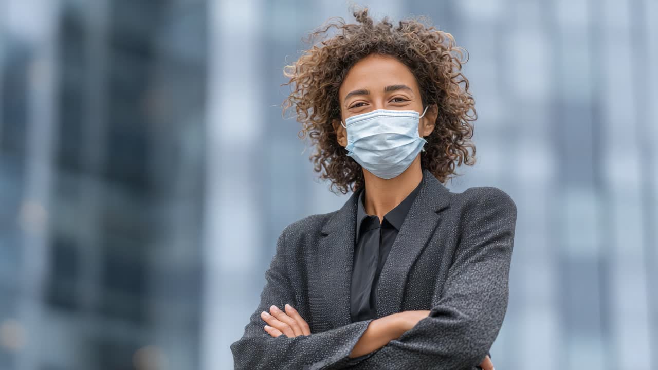 Confident Young Professional Woman in Business Attire with Protective Mask Standing Outdoors Against a Modern Urban Background, Emphasizing Health and Resilience