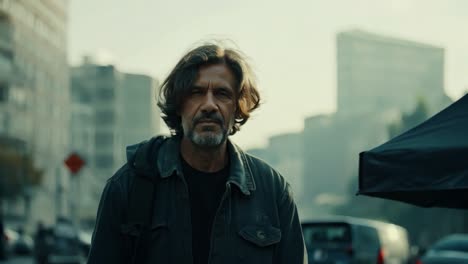 retrato de un hombre con cabello largo y barba en una ciudad