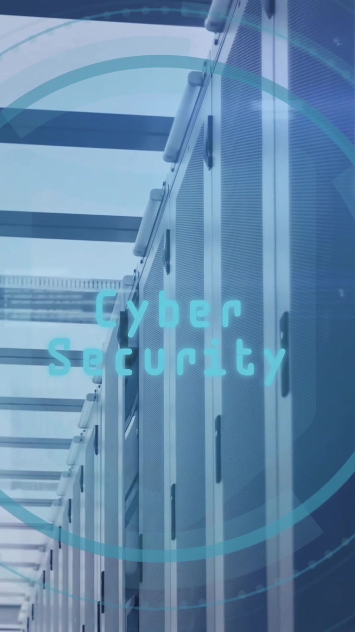 Animation of magnifying glass icon and digital data processing over computer servers