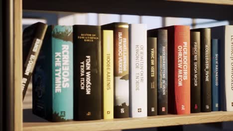 a diverse collection of books on a shelf displaying various titles, colors, and textures, perfectly arranged for an aesthetic reading experience