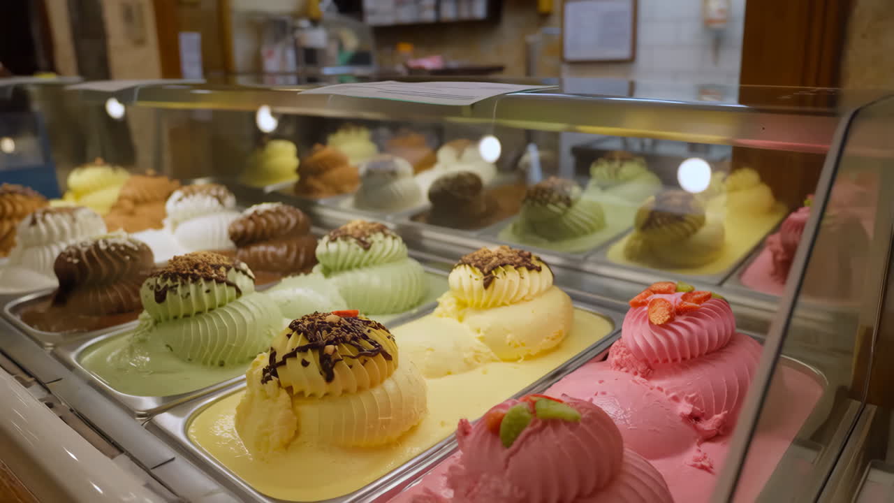Una vibrante exhibición de sabores de gelato en una tienda.