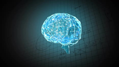 animación de un cerebro azul brillante sobre fórmulas matemáticas en una cuadrícula negra