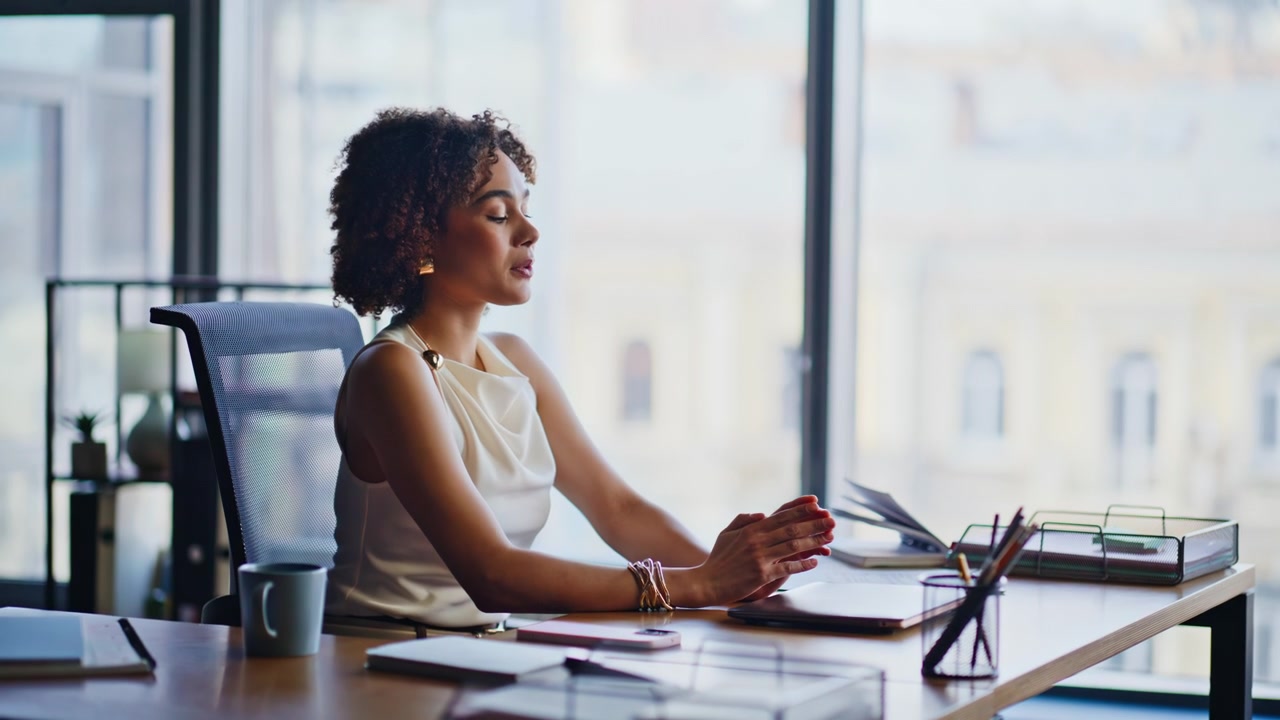 Businesswoman taking break office desk, relaxing eyes closed then working laptop