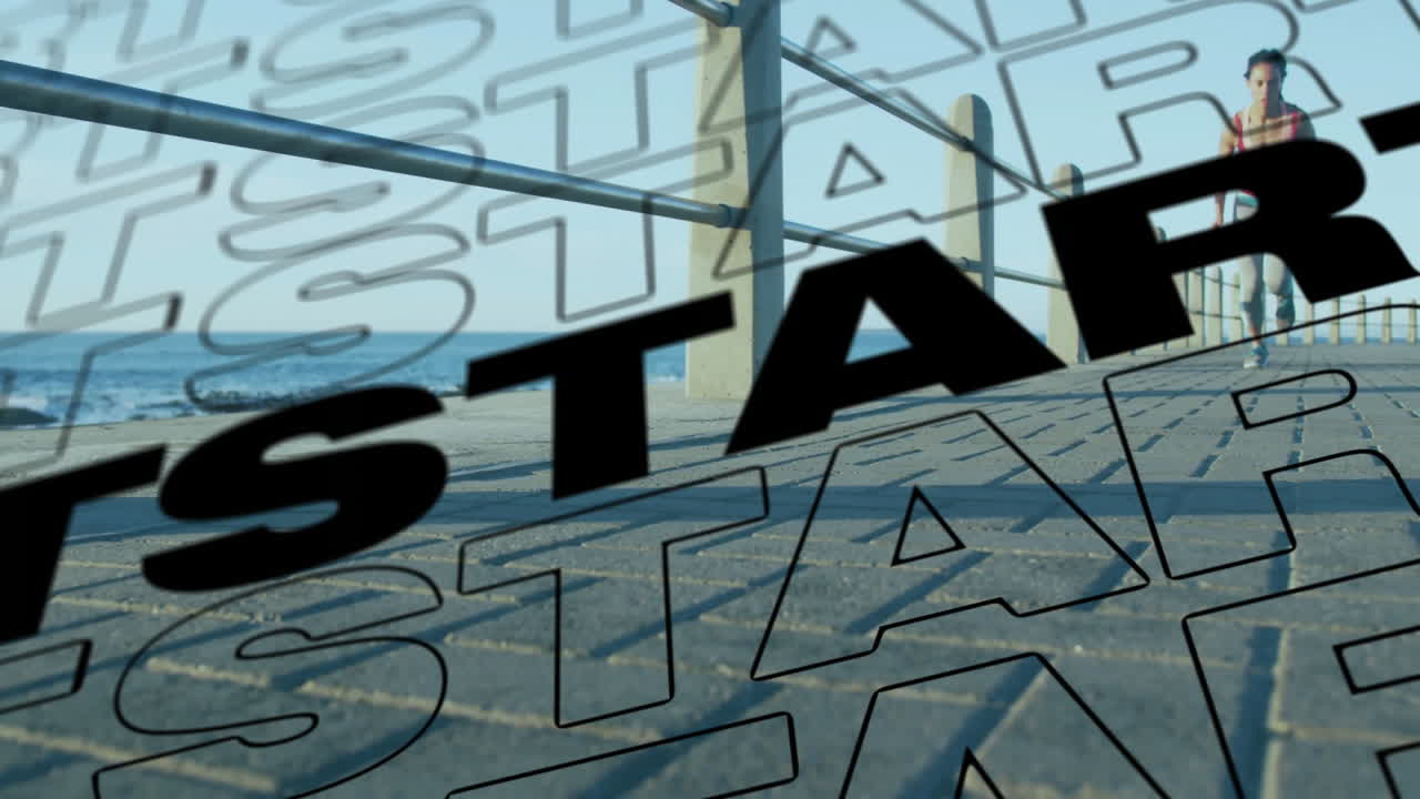 comenzar la animación de texto sobre la persona que corre en el paseo marítimo por el mar