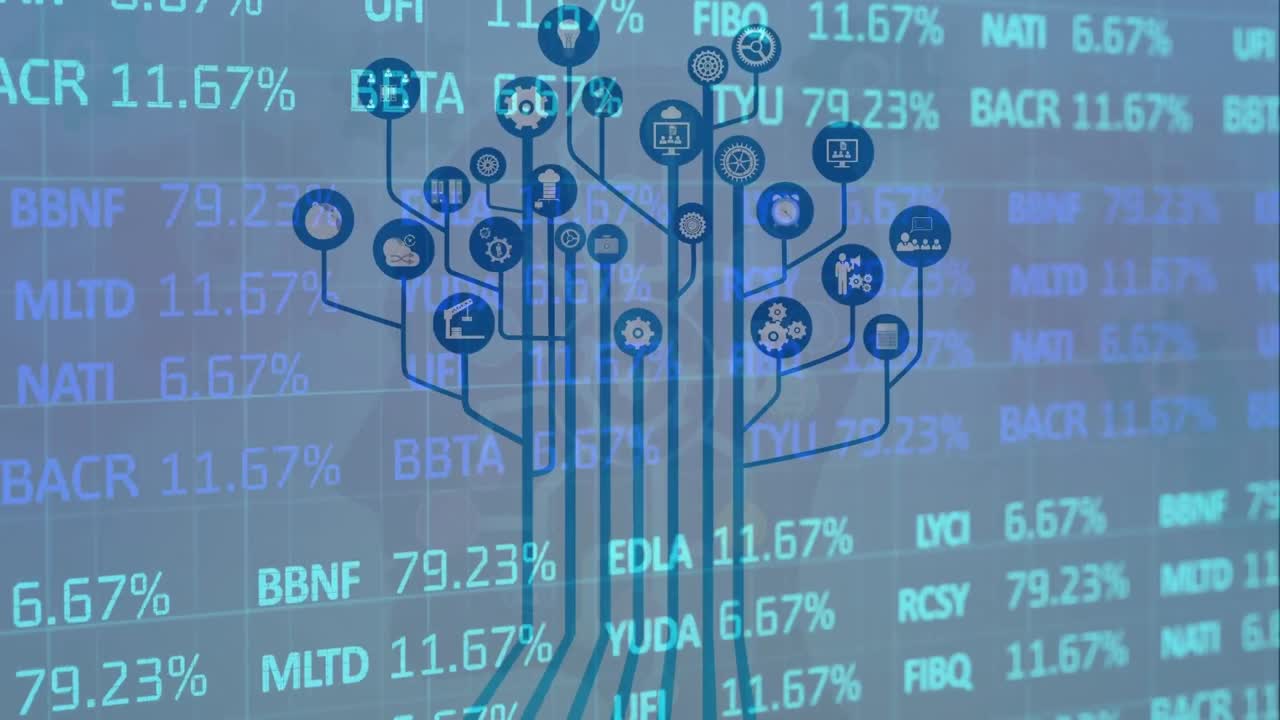 Animation of technology icons over stock market data on green background