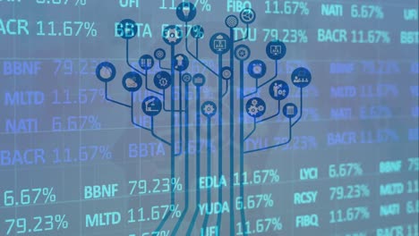 Animación-De-Iconos-De-Tecnología-Sobre-Datos-Del-Mercado-De-Valores-Sobre-Fondo-Verde