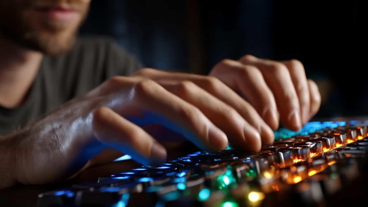 Fokuserede hænder, der dygtigt taster på et baggrundsbelyst tastatur, fanger essensen af digital interaktion og kommunikationskunsten i et moderne teknologimiljø.