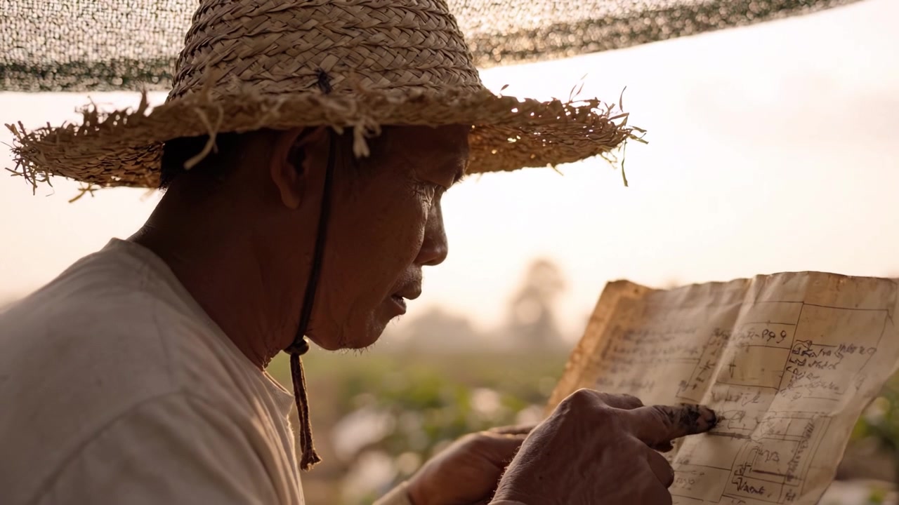 Concentrato sul compito: un agricoltore che legge istruzioni sotto un cappello di paglia in un campo illuminato dal sole per la pianificazione agricola e il successo della coltivazione.