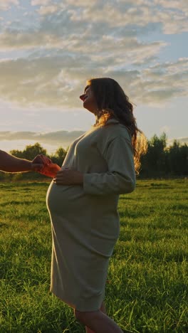 pregnant woman holding hands with partner in a field at sunset