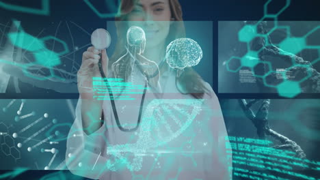 interfaz digital con procesamiento de datos médicos contra una doctora caucásica con un estetoscopio