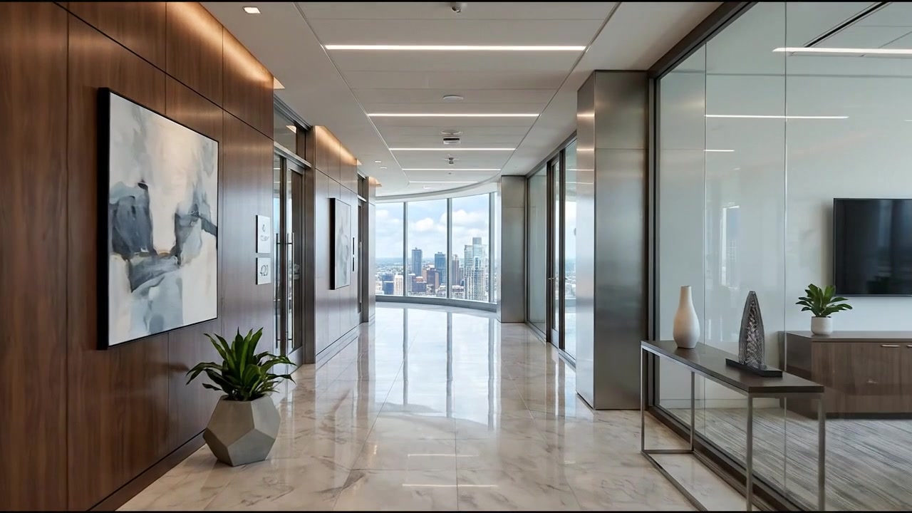 Pasillo de oficina luminoso de cristal con diseño minimalista y luz natural en la entrada lejana
