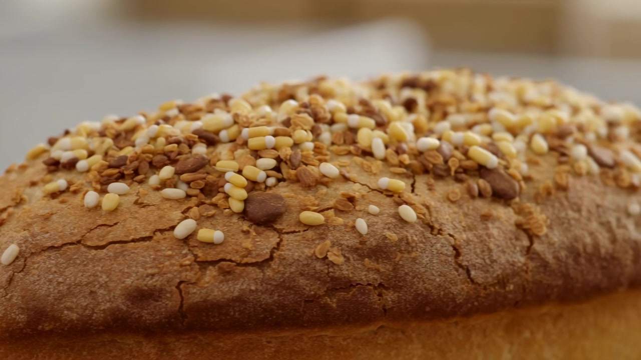 Close Up Seeded Bread Loaf Crust Showing Golden Crust Sprinkled With Sesame And Millet Seeds, Soft Crumb