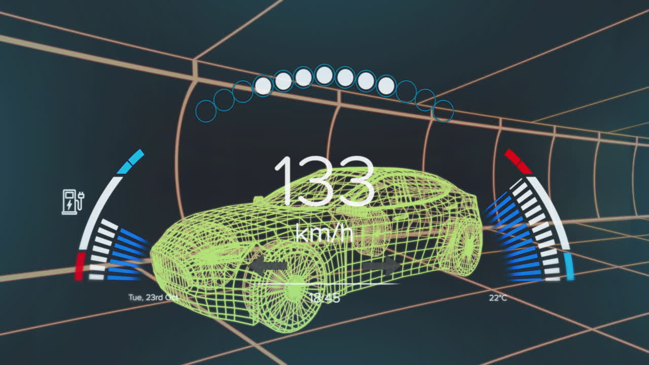 Futuristic HUD displaying neon green wireframe car cruising at 100 km or h, gauge arcs and plug icon