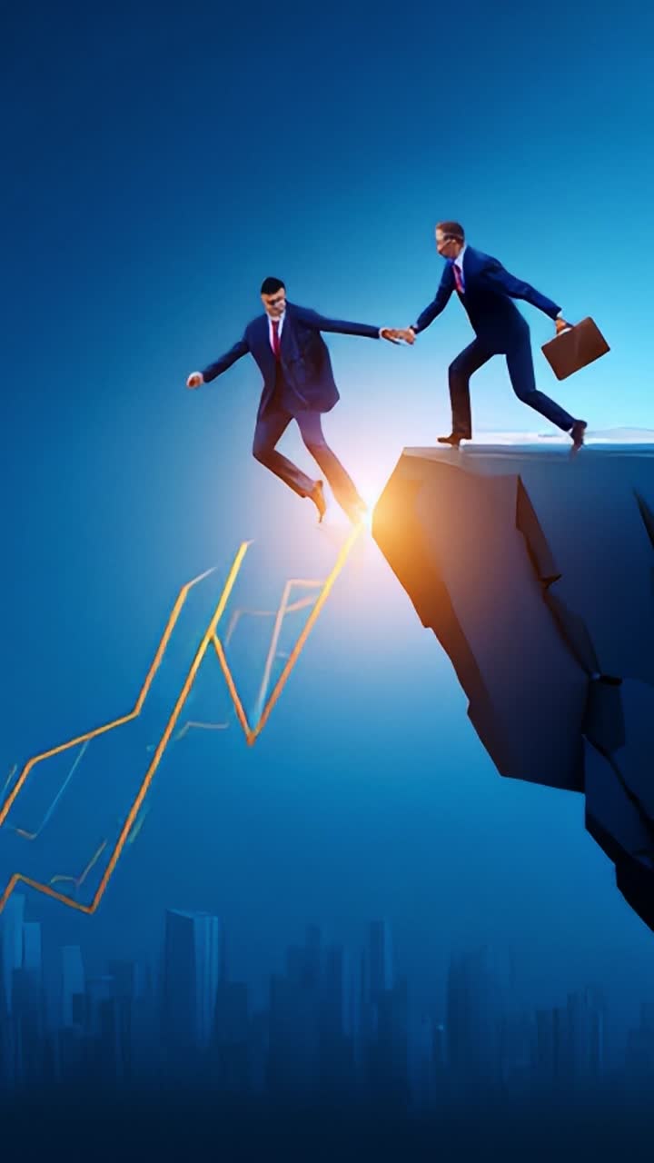 Two business professionals collaborate and support each other while climbing a metaphorical mountain of success depicted by a rising graph in a blue skyline