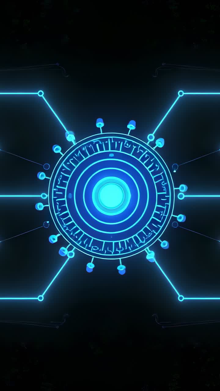 Vertical video: Animating orb interface forming in dark space, with rings, nodes and extending arms