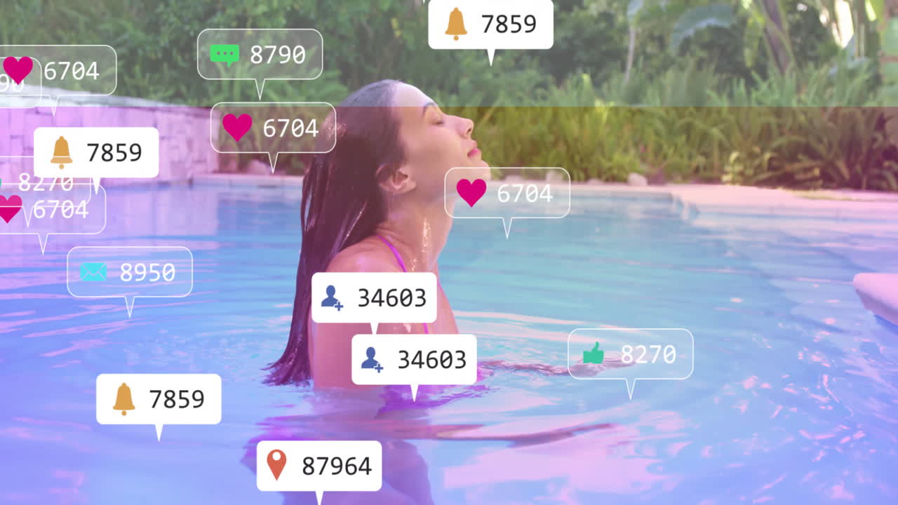 Surrounded by social media notification icons, woman in pool experiencing animation