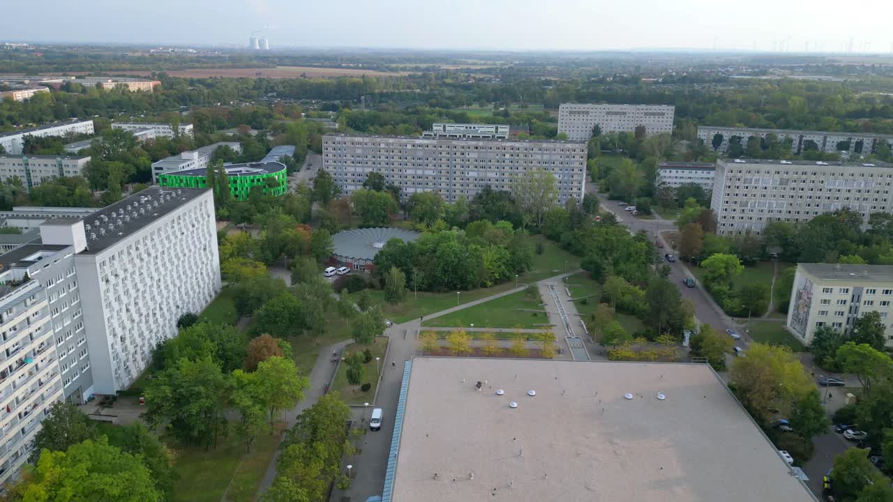 biggest house in the gdr, halle neustadt in germany, known for its plattenbau architecture. Marvelous aerial view flight descending drone