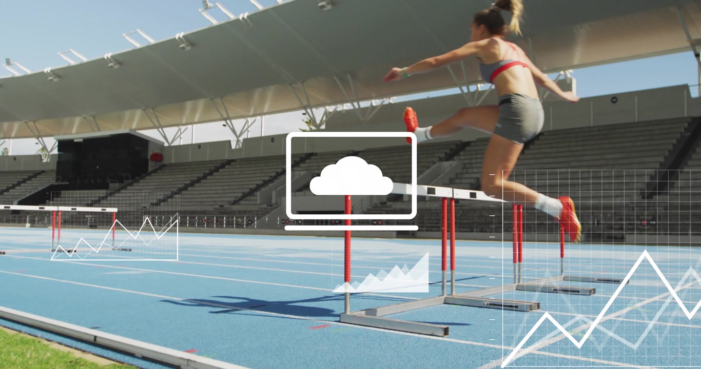 Female athlete sprinting toward hurdle, smartphone icon becoming data overlays tracking performance